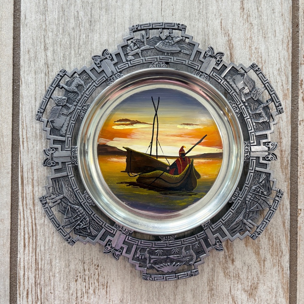 Vintage Peruvian Hand-Painted Metal Wall Plate - Signed Creaciones ALEX